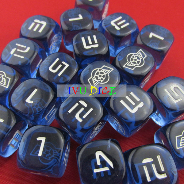 20pcs 16MM Table DICE Transparent Blue with WHITE number 1-5 star eagle 6 special game party machine Children dices bosons IVU