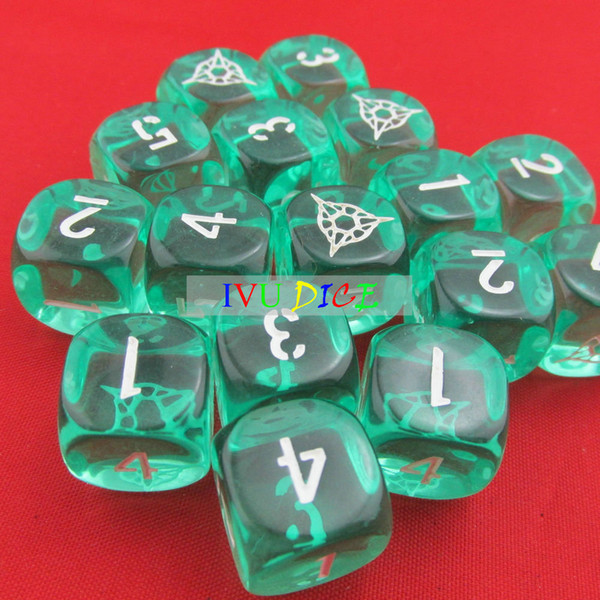 20pcs 16MM Table D6 DICE Transparent Green with WHITE number 1-5 star aim 6 special game party machine Children dices bosons IVU