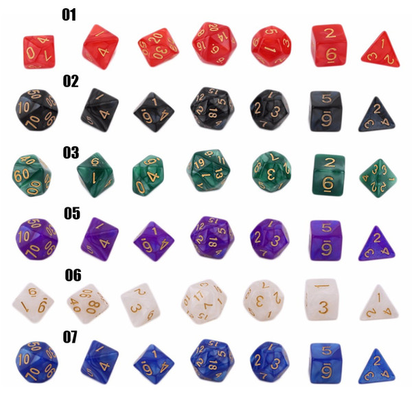 7PCS/ Polyhedron Dados D&D Dice Marbled Effect D4 D6 D8 D10 D10% D12 D20 Black Red Blue Color Playing Fillet Acrylic Material Game Dice