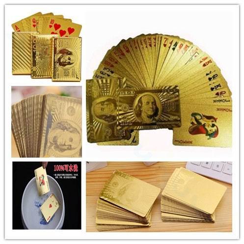 Euro US dollars Style Waterproof Plastic Playing Cards Gold Foil Poker Golden Poker Cards 24K Gold-Foil Plated Playing Cards Poker Table Gam