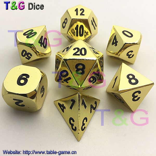 Wholesale-New High Quality Gold Metal 7 Rpg Dice set d4 d6 d8 d10 d% d12 d20 playing dados jogos de tabuleiro with boxes for men gift