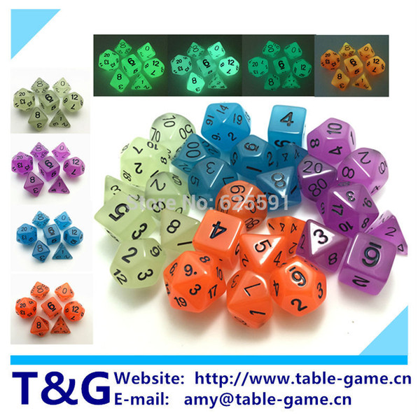 7pc/lot High Quality Glowing Dice Set D4,6,8,10,10%,12,20,Glow in the Dark,luminous,Shine