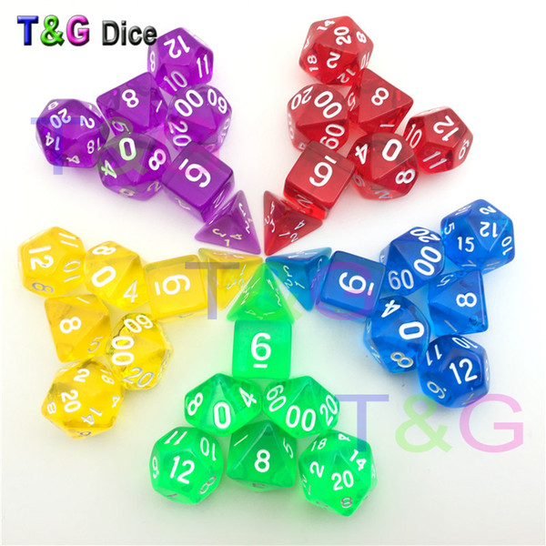 Wholesales 7pc/lot Transparent Crystal Dice Set D4,6,8,10,10%,12,20 for Board Game rpg d&d