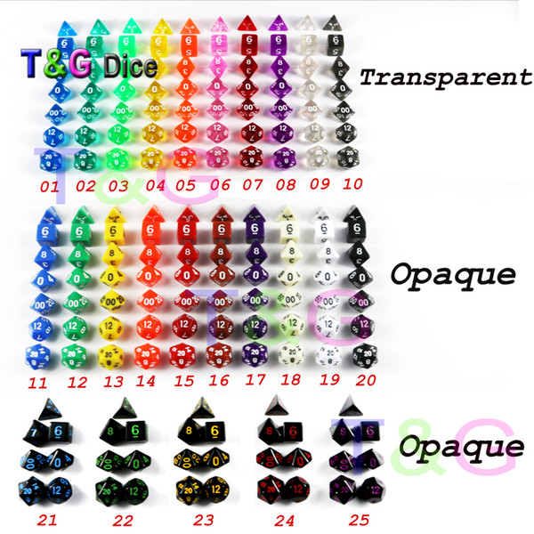 Wholesales 7pc/lot Dice Set D4,D6,D8,D10,D10%,D12,D20 Each Dice Random 25 Colors Different Color Dragons and Dungeons