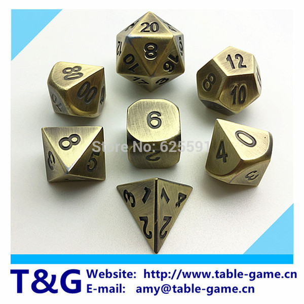 2015 NEW Top Quality Bronze Cyan Metal 7 Dice set d4 d6 d8 d10 d% d12 d20 juguetes brinquedo dnd RPG Dice with Boxes for Gift