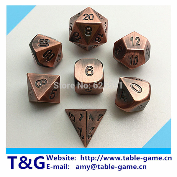 2015 NEW Top Quality Bronze Roe Gold Metal 7 Dice set d4 d6 d8 d10 d% d12 d20 d&d dadi dungeons RPG Dice with Boxes for Gift