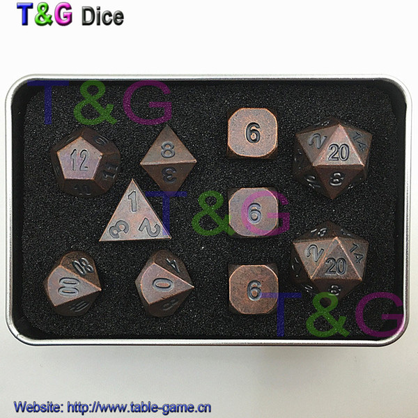 Set of 10 Solid Zinc Alloy Metal Dice Old Copper Color with metal box