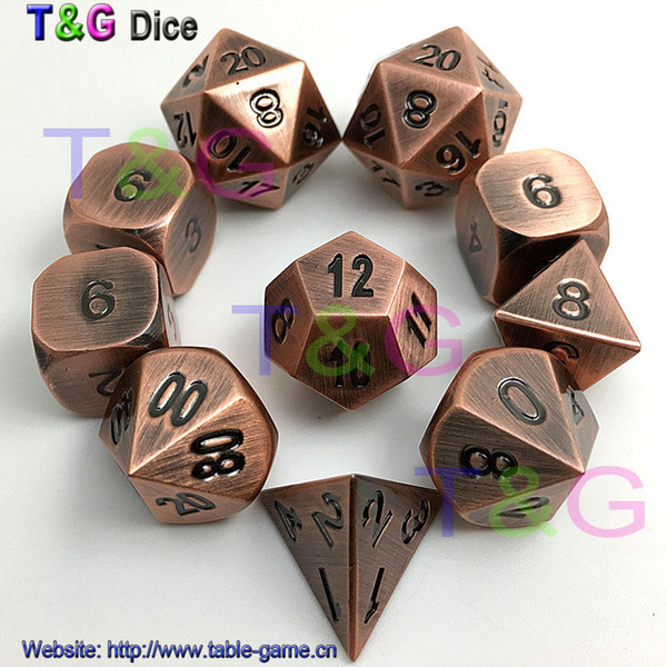10pcs/set Red Copper Color Metal Zinc Alloy Dice d4 3xd6 d8 d10 d12 2xd20 with Iron Box for Board Game Valentine's Day Gift