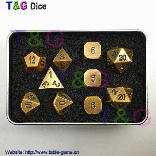2016 Gold-copper Color Metal Alloy Dice d4 3xd6 d8 d10 d12 2xd20 with Iron Box for Family Game Gift 10pcs/set