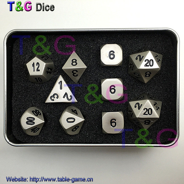 10pcs/set Zinc Alloy Dice with Pearl nickel plating d4 3xd6 d8 d10 d12 2xd20 with Iron Box for Birthday Party Toy Gift