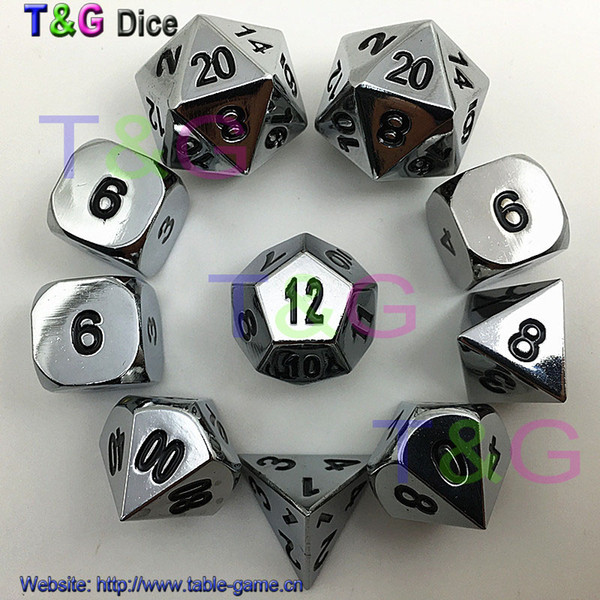 10pcs/set Silver Color Metal Dice d4 3xd6 d8 d10 d12 2xd20 with Iron Box for Dungeons and Dragons Game