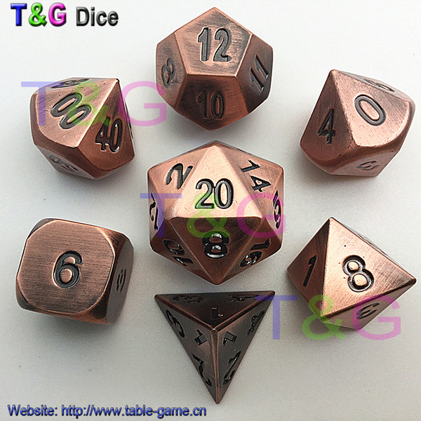2015 NEW Top Quality Bronze Roe Gold Metal 7 Dice set d4 d6 d8 d10 d% d12 d20 d&d dungeons RPG Metal Dice with Boxes for Gift
