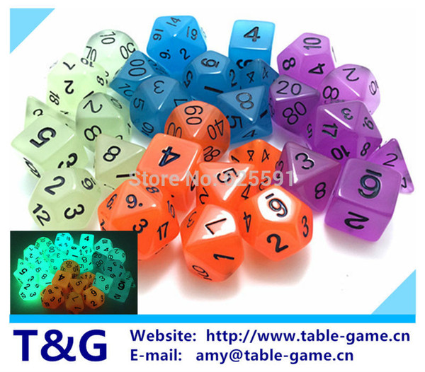Wholesales 7pc/lot Glowing in the dark Dice Set D4,6,8,10,10%,12,20 Board Game