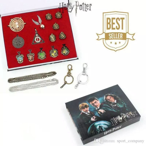 Harry Potter School Badge Necklace Magic Wand Cosplay Props Voldemort Hermione Keychain Toys With Box Christmas Birthday Gift