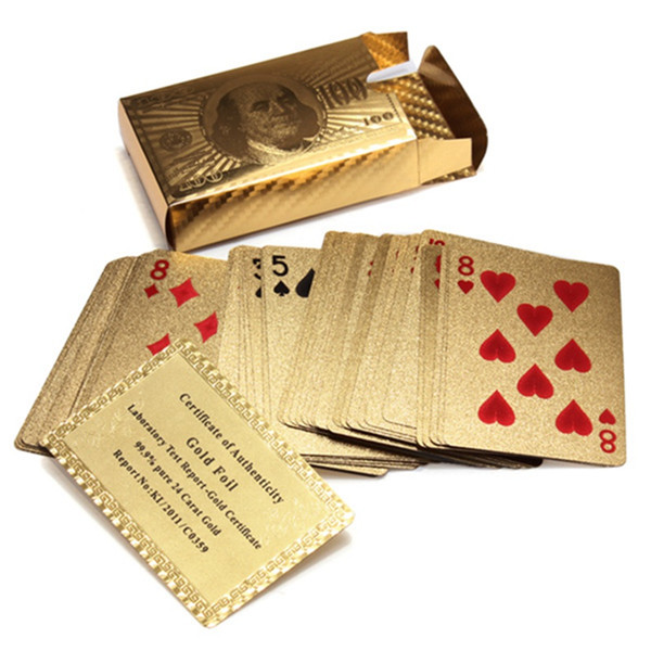 Hot Selling Pure 24 K Carat Novelty Certified Gold Foil Plated Poker Game Playing Cards w/ 52 Cards & 2 Jokers Special Gift