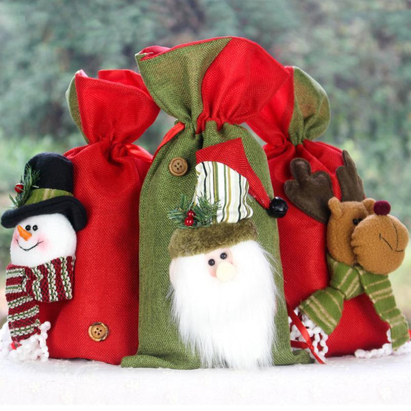2018 Children Gift Bags Candy Drawstring Pocket Christmas Decoration Supplies Red Green Santa Claus Elk Snowman Gunny Bag MMA712