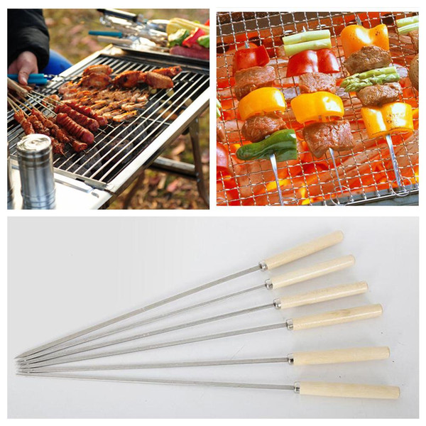Stainless Steel Barbecue Skewers Wooden Wood Handle Metal Roasting Needle Outdoor Picnic BBQ Tools Forks Camp Kitchen