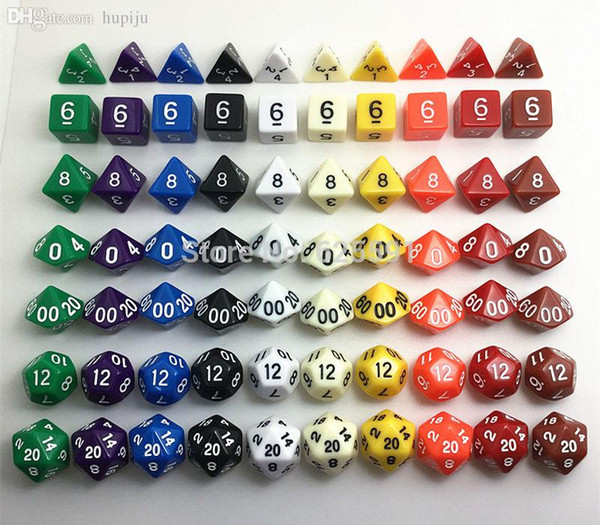 Wholesale-Wholesales 7pc/lot High Quality Multi-colored Dice Set D4,6,8,10,10%,12,20 dnd dice sets,Dungeons and Dragons Board Game Dice