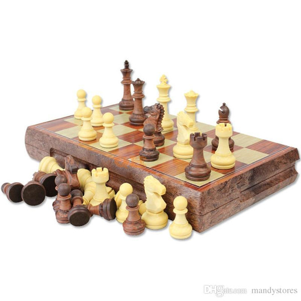 International Chess Checkers Folding Magnetic High-grade wood WPC grain Board Chess Game English version (M/L/XLSizes)