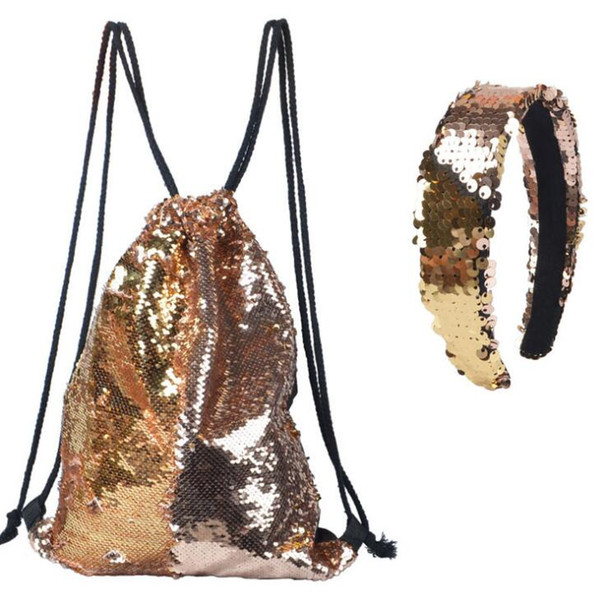 Outdoor Backpack Drawstring Bag +hair band Sequins Backpack Sequin Reversible Sports Shoulder Travel Bag Rope pulling Bag #CCK4