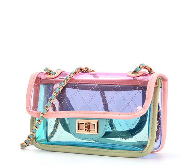 2018 Ins big brands hot style women's Transparent bag Mini jelly satchel satchel Rhombic chain bag Cute and elegant Built-in white bag