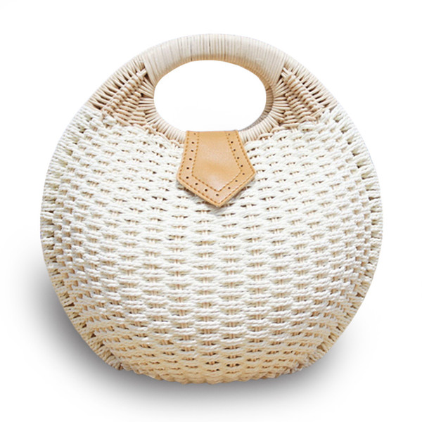 Round Shell Raan Wicker Woven Straw Braided Picnic Bag Beach Basket Summer Vacation Women Camping Handle Handbag