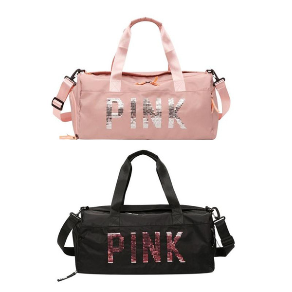 Women Men Black Travel Bag Pink Sequins Shoulder Bags Women Handbag Weekend Portable Nylon Tote Waterproof