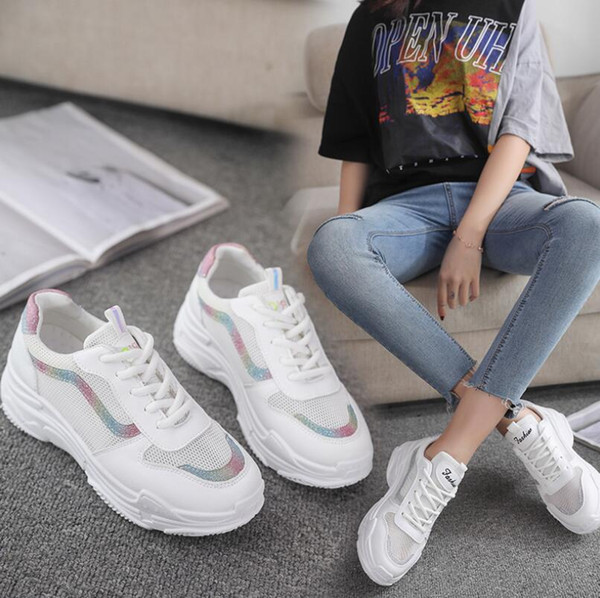 Women Flat Sports Casual Shoes 2019 New Mesh Breathable Net Red Small White Shoes Female Harajuku Wild Student Old Daddy Designer Shoes