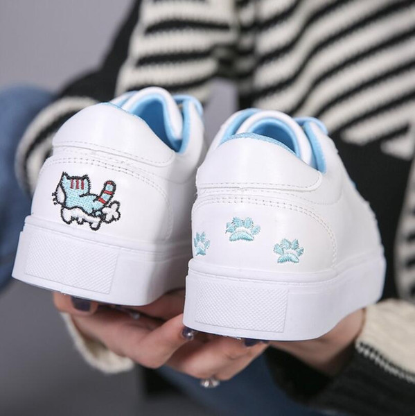 Embroidered Cat Paw Print Small White Shoes Sneakers for women 2019 Spring Summer Black Pink Blue Low Lace-up Casual Sports Shoes Female