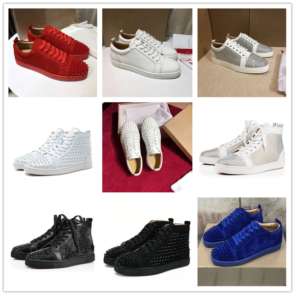 2019 Brand Low high Cut Suede Spikes Red Bottom Designer Luxury shoes Studded Flats shoes For Men Women Leather Party Sneakers size 36-46