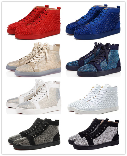 2019 New Designer Brand Studded Spikes Flats shoes Red Bottom shoes for Mens Women Party Lovers Genuine Leather Sneakers black blue With Box