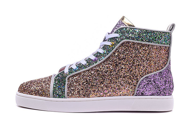 High Top Multicolored Glitter Red Bottom Shoes For Men Women Top Qulity Pink Purple Genuine Leather Dress Shoes sizes36-46
