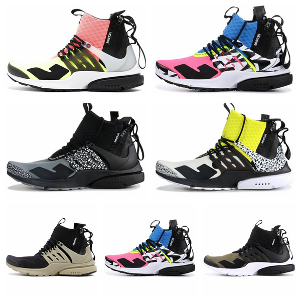 2019 Acronym x Presto Mid Running Shoes for Men Women Hot Lava Dynamic Yellow Racer Pink Cool Grey Mens Trainer Sports Sneakers