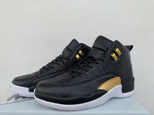 2019 New 12 WMNS Reptile Snakeskin Mens Basketball Shoes 12s Exotic Croc Black/Metallic Gold-White Men Casual Shoes AO6068-007