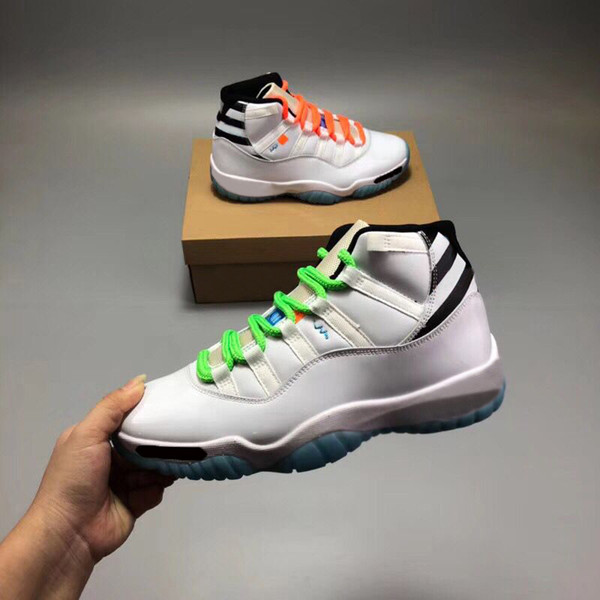 2018  New Arrival 11s White Blue Beaverton Oregon USA c.1985 Men Leisure Sports 11 Orange green Shoelace Sneakers (With Box)