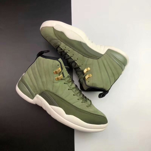 12 Graduation Pack Basketball Shoes For Top Quality Army Green 12S Gold buckle Suede Outdoors Athletic Sports Shoes 153265-301