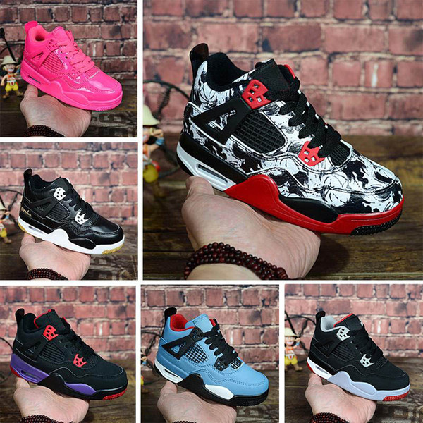 Children kid 4s OG Black Cat Outdoor Shoes Reflect For kids Boys Girls Sport Trainers Sneakers High Quality Blackcat kids shoes 28-35