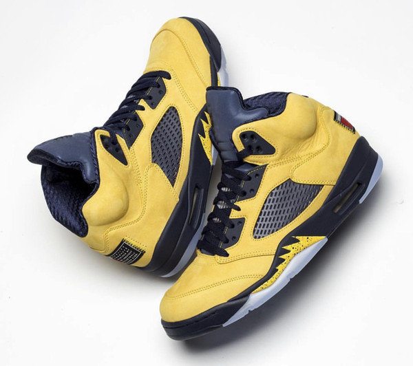 2019 New Air 5 SP Michigan Men Basketball Shoes College Navy-Amarillo Sneakers 5s Inspire Yellow Nubuck Upper Mans Sports Shoes CQ9541-704