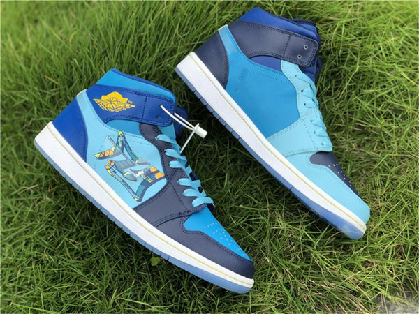 Newest Air High OG 1 Mid GS Fly Man Basketball Shoes Retro Translucent Blue 2019AirJordan Mens Authentic Athletic Sports Shoes BV7446-400