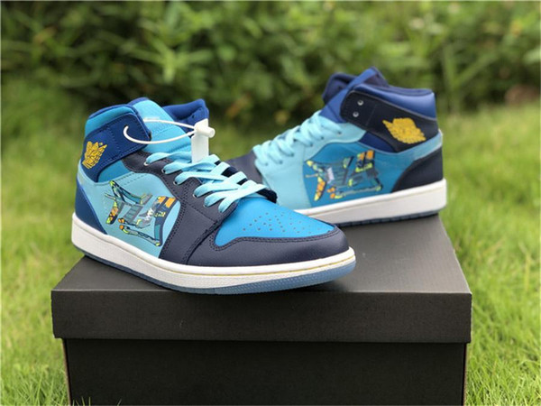 2019 High OG 1 Mid GS Fly Man Basketball Shoes Retro Translucent Blue 2019AirJordan Mens Authentic Athletic Sports Shoes BV7446-400 US 7-12