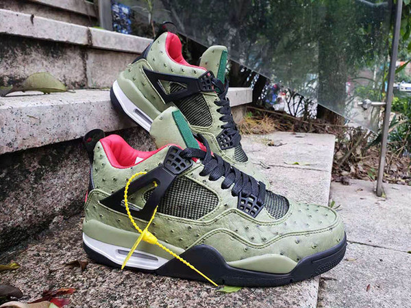 Travis x 4 Houston Ostrich Pattern Men Basketball Shoes 4s OG Bred Green Men's Brand Designer Sneakers With Box 40-47