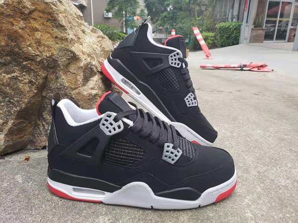 (With Box)4 Bred Mens Basketball Shoes 308497-060 Black Cement Grey Summit White Fire Red 4s Womens Athletic Sports Sneakers size 36-47