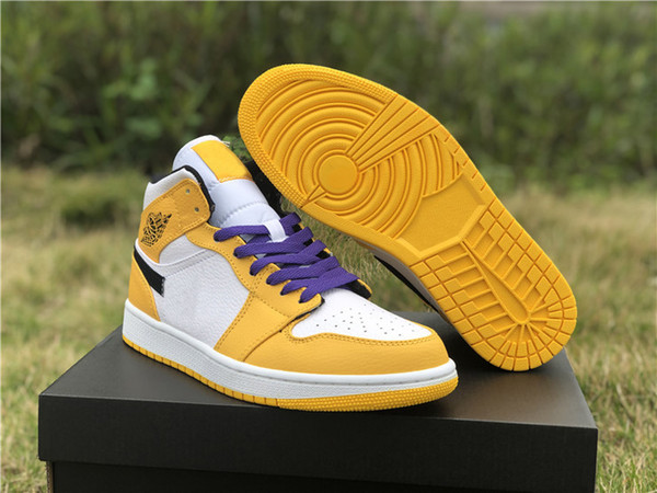 2019 New 1 Mid Lakers Men Basketball Shoes 1s Classic Color Purple Gold Women Sports Sneakers 852542-700 With Box Size 36-46