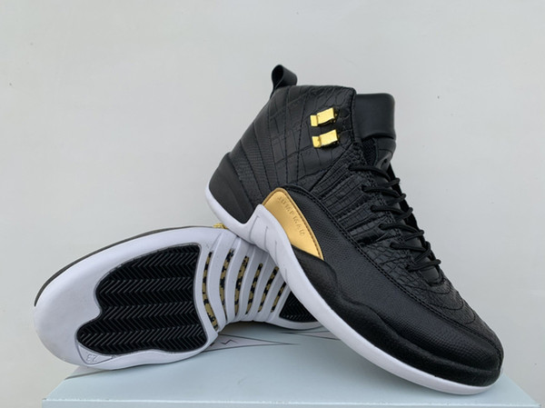 2019 Newest 12 WMNS Reptile Snakeskin Mens Basketball Shoes 12s Exotic Croc Black/Metallic Gold-White Men Athletic Sports Shoes AO6068-007