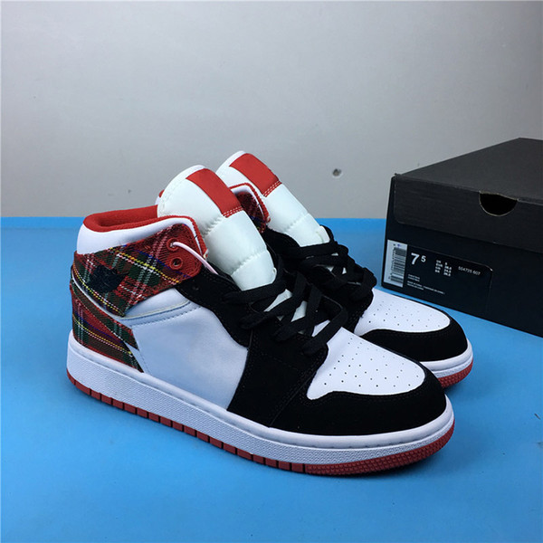 Newest 1 Mid White Plaid Women Basketball Shoes The Scottish wind 1s Mid GS Habanero Red/Black-White Brand designer Sneakers 554725-607