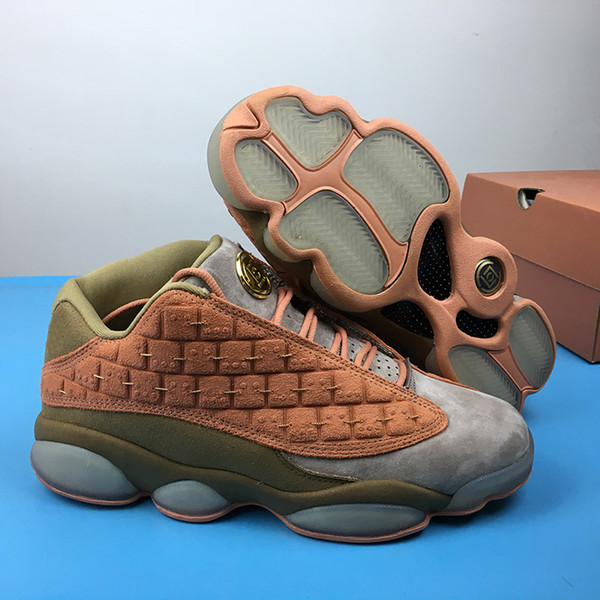 Terracotta Warriors Clot x 13 Low Mens Basketball Shoes 13s Sepia Stone/Canteen-Terra Blush AT3102-200 Fashion Grey And Olive Suede Sneaker