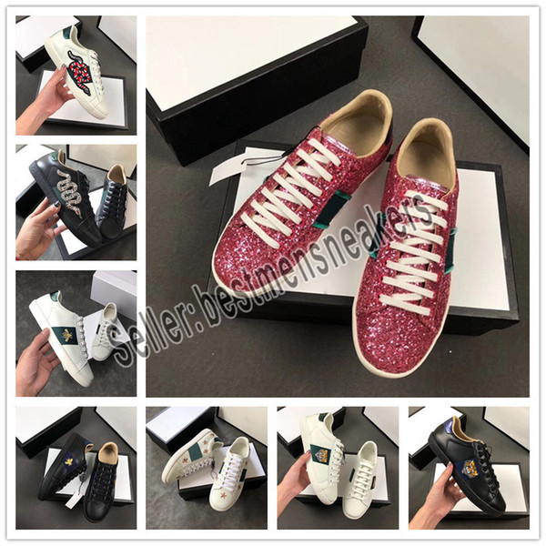 New Designer shoes 100% Ace leather sneaker men women Classic trainers python tiger bee Flower Embroidered Cock Love sneakers
