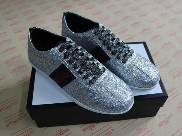 Top Quality Glitter Designer Shoes silver Embroidered With Web For Men Women ACE with studs Leather Designer Sneakers White bee Casual Shoes