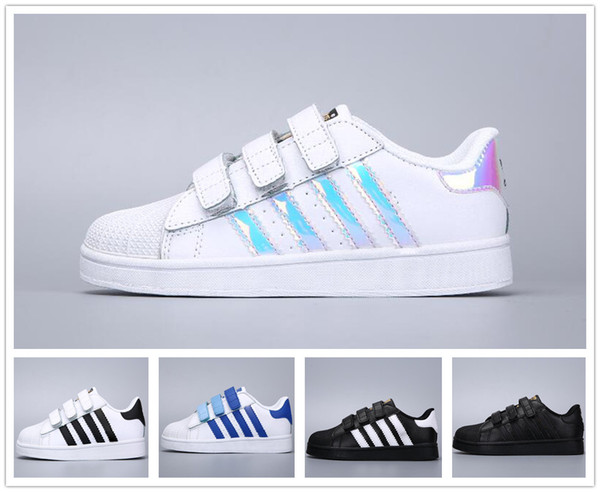 2019 Kids Super Star White Hologram Iridescent Junior Superstars 80s Pride Child Boys Girls Trainers Superstar Casual Shoes Size 24-35