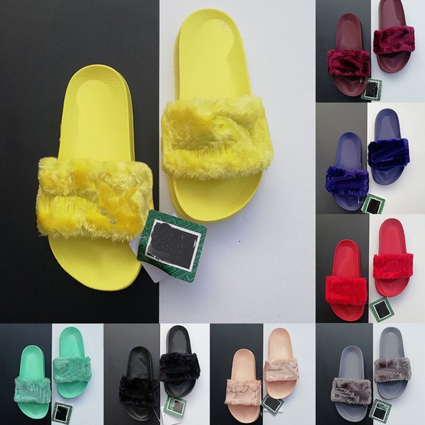 2019 Leadcat Fenty Rihanna Faux Fur Slippers Women Girls Sandals Fashion Scuffs Black Pink Red Grey Blue Slides Designer Flip Flop 36-44